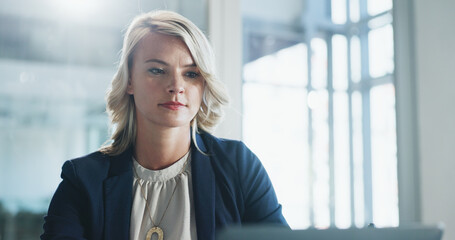 Finance, laptop and report with business woman in office for accounting, planning or research....