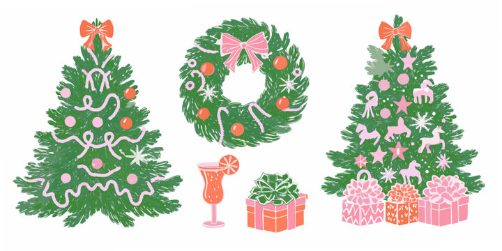 Festive christmas illustrations of wreaths trees gifts and a celebratory drink