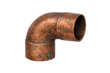 Weathered copper pipe elbow fitting connecting plumbing system elements, showing aged metal texture for industrial design