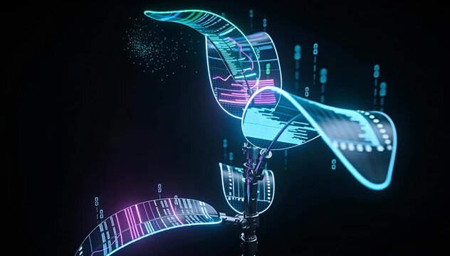 Futuristic digital plant growth with financial data charts and glowing binary code digital plant, graphs.