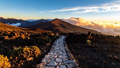 A stone path leads through volcanic terrain towards a distant mountain under a warm-lit sky with scattered clouds. The foreground shows dark rocks