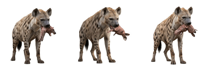 Spotted hyena carrying prey in its mouth across the African savannah