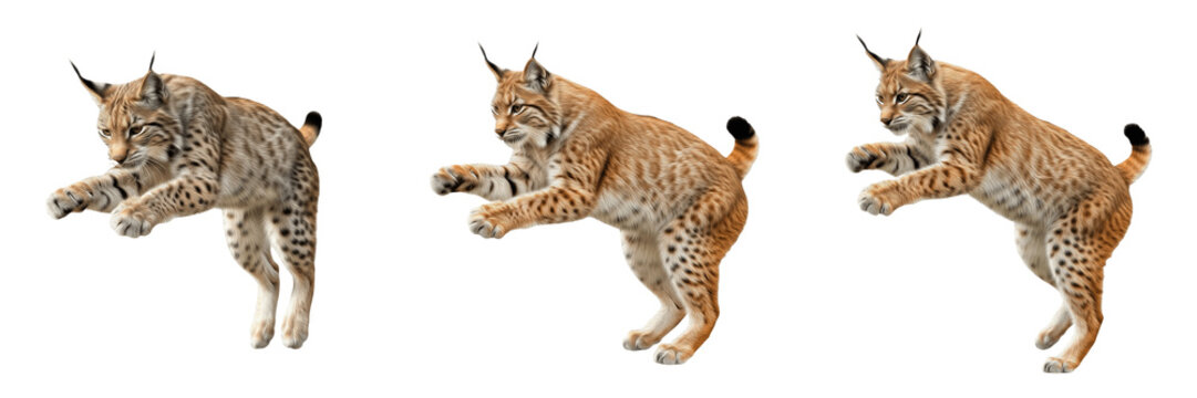 Eurasian lynx jumping isolated on white background, wild cat pouncing set