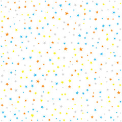 spring star pattern background with orange, blue and yellow stars on white. Vector confetti texture for spring cleaning theme, boys birthday party, wrapping paper and fabric print. © Rakibs