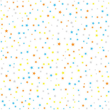 spring star pattern background with orange, blue and yellow stars on white. Vector confetti texture for spring cleaning theme, boys birthday party, wrapping paper and fabric print.