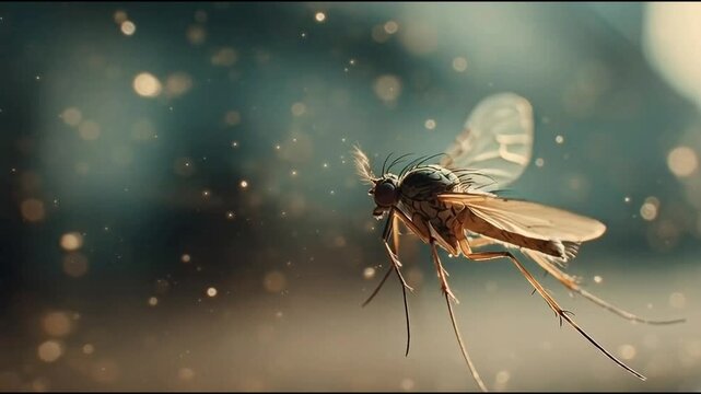 Close up of a Delicate Mosquito in Flight Against a Sparkling Blue Background