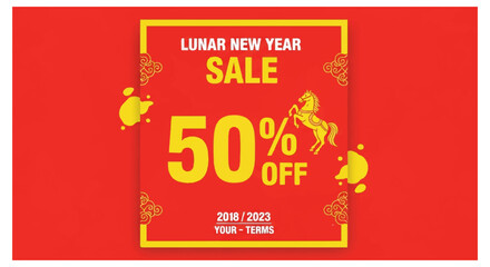 Lunar new year sale banner with 50 percent discount offer and golden horse rooster icons on red background
