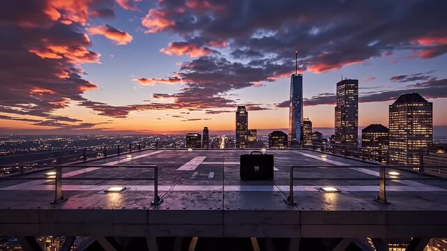 A stunning panoramic view of a city skyline at sunset from a helipad on a skyscraper rooftop, with dramatic colorful clouds.