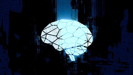 Abstract glowing digital brain with polygonal neural networks on dark cyberpunk background