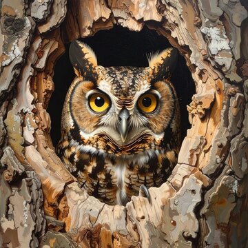 A regal owl peeks from a knothole in a tree trunk, eyes alert and piercing