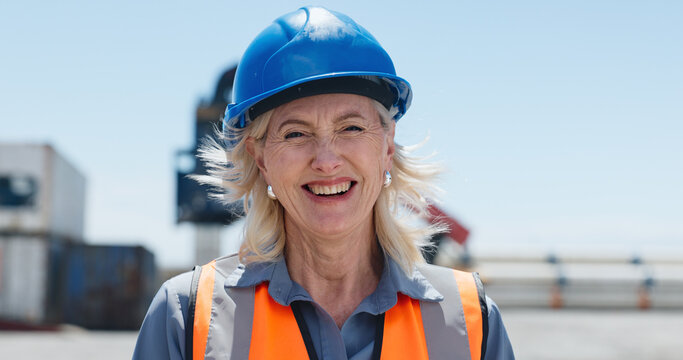 Portrait, woman and smile in yard for shipping inspection, career pride and quality assurance. Happy, mature person and about us for logistics, freight supervision and delivery ppe for distribution