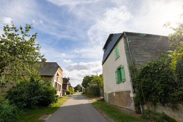 Fototapeta premium Parfondeval, Vervins, Aisne, Hauts-de-France, Grand-Est, France, August, 28th, 2025, Tranquil residential alley with lush gardens nearby, Idyllic quiet street featuring green shutters and cozy