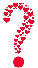 A question mark formed by numerous red hearts against a white background, symbolizing love's mystery