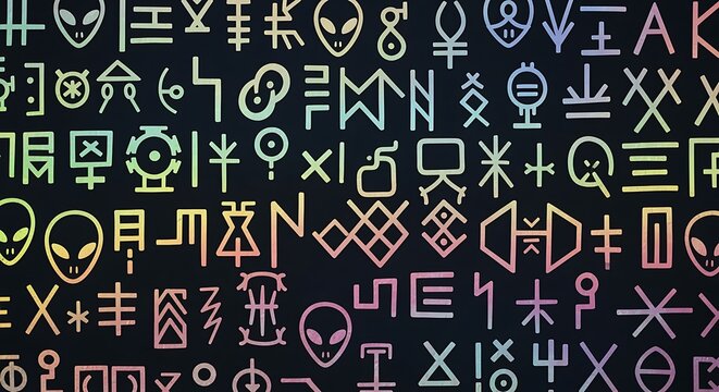 A vibrant collection of diverse alien and mystical symbols glows with a mesmerizing rainbow gradient against a dark, cosmic-inspired background.