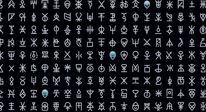 A comprehensive grid of small, glowing alien and mystical symbols fills a dark background, featuring subtle light blue and white hues.