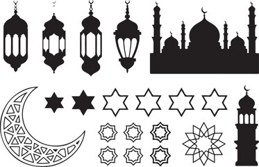 Obraz premium Islamic lanterns mosque crescent moon stars and geometric ornaments black silhouette set