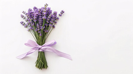Fototapeta premium A beautiful bouquet of purple lavender tied with a pale lilac ribbon, placed on a white surface with copy space.