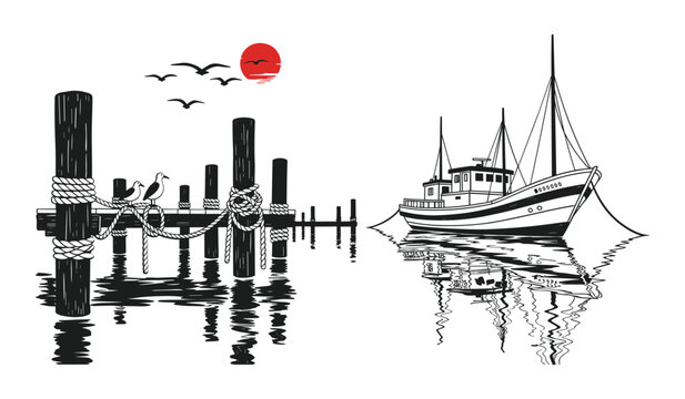 Fishing Boat and Pier with SeagullsTitle:Fishing boat docked at a wooden pier with seagulls and a red sun in a stylized illustrationKeywords:fishing boat, pier, dock, wooden pier, pilings, ropes