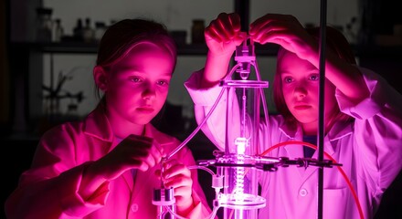 Two women working in a laboratory with purple lighting and scientific equipment