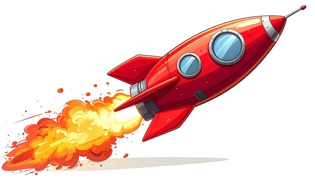 A red cartoon rocket ship blasting off with flames
