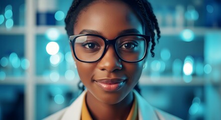 Fototapeta premium A smiling young black woman in a lab coat and glasses looking directly at the camera in a laboratory setting