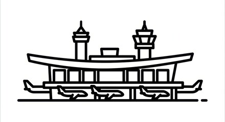 Naklejka premium Modern Airport Terminal Building with Airplanes and Control Towers Icon