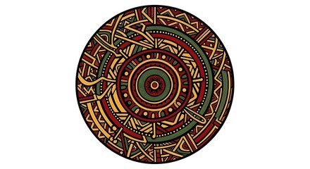 Fototapeta premium A vibrant circular African tribal pattern featuring intricate geometric shapes and traditional colors against a white background.
