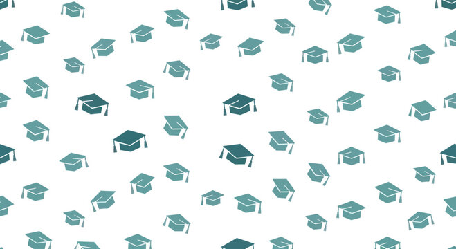 Scattered graduation caps icons in teal and dark teal on a white background, flat design style.