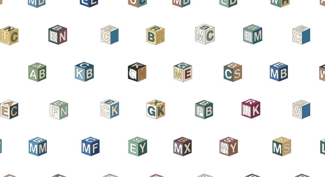 Retro alphabet building blocks arranged in a repeating pattern, vintage illustration style.