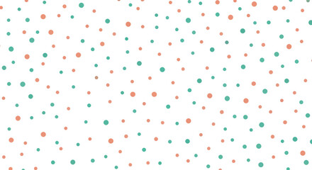Scattered dots pattern with coral and teal colors on a white background, simple graphic design.
