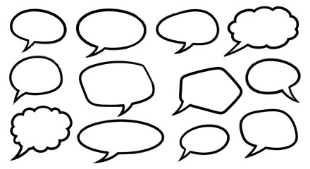 Fototapeta premium A collection of diverse, hand-drawn speech bubbles in various shapes and sizes, isolated on a white background.