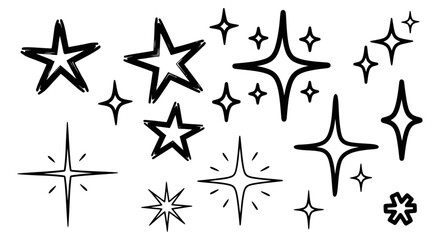 Obraz premium A collection of hand-drawn starbursts and star shapes in various sizes and styles, rendered in black and white.