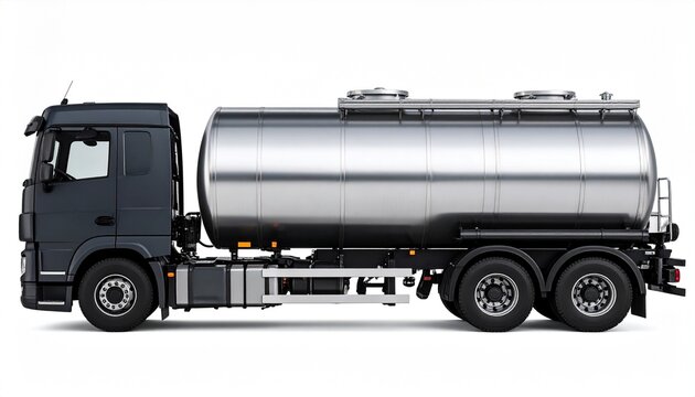 Heavy duty silver tanker truck isolated side view on white background