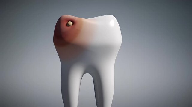 Close Up Of A Diseased Tooth With Cavities And Red Gums On A Gray