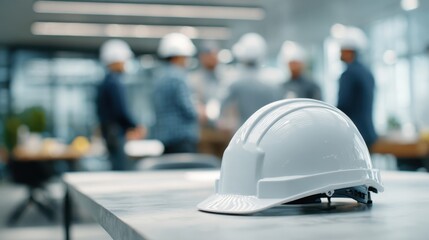 White safety helmet resting on a table, with blurred construction workers discussing plans in modern office environment, highlighting teamwork and safety culture