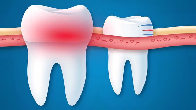 Illustration of a decayed tooth with red inflammation next to a