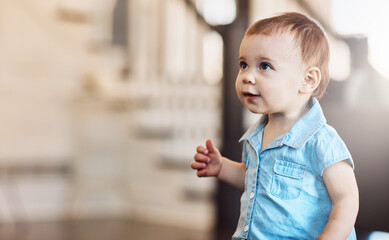 Baby, living room and curious with smile for child development, learning and walk in home. Toddler, childhood and space in house lunge with motor skills, growth and health or wellness in apartment