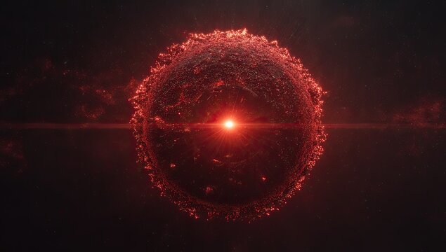 A celestial sphere explodes in red light, surrounded by a nebula of cosmic dust and stars
