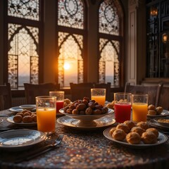 Sunset feast with dates and pastries in elegant dining room