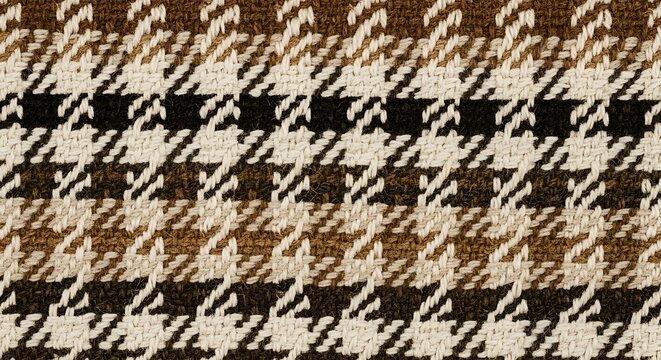 A wide shot showcasing a traditional brown houndstooth fabric pattern combined with distinct horizontal striped elements.