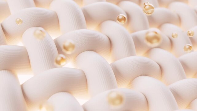 Macro 3D animation showing golden oil droplets or serum penetrating and cleaning fabric or fiber structure