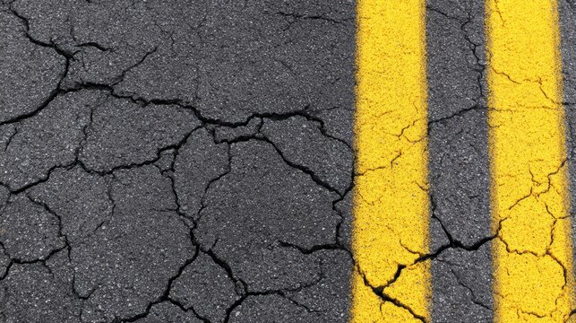 A cracked asphalt road surface with jagged fissures and two bright yellow lane lines. with rough texture gaps