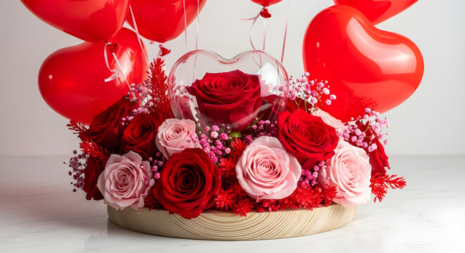 Romantic valentines day floral arrangement with red and pink preserved roses, babys breath, and heartshaped red balloons in a centerpiece display