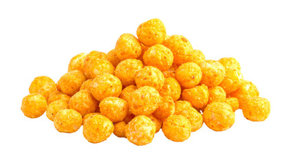 A pile of spherical, orange-colored crunchy snacks on a transparent background, showcasing their textured surface