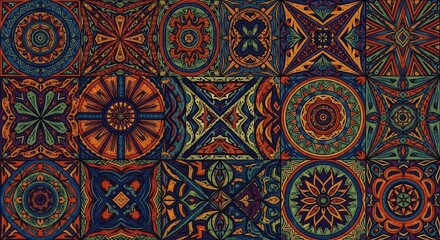 A vibrant and colorful mosaic of square tiles showcases intricate mandala-like patterns and geometric shapes in a rich palette.