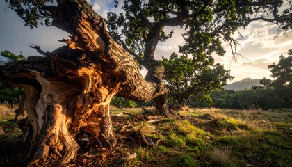 Ancient gnarled oak tree stands tall in a grassy field at sunset, backlit by soft, golden light