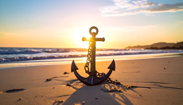 Anchor on sandy beach at sunset, horizon visible. Chain attached, ocean waves, warm colors. Serene scene