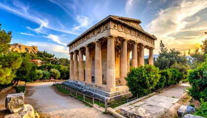 Fototapeta premium Ancient temple with tall columns under a vibrant sky, greenery surrounds it