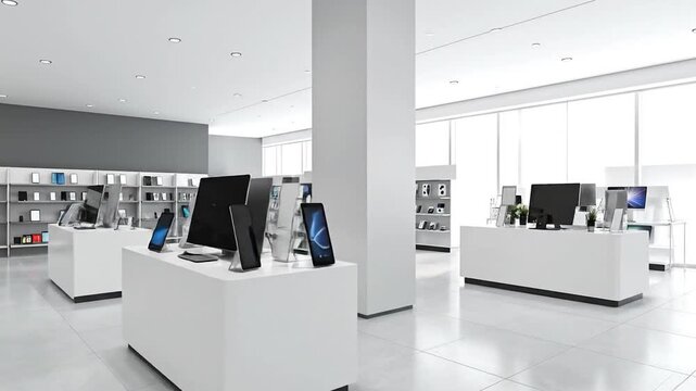 Modern electronics store interior with various displays of smartphones, tablets, and computers, showcasing technology.