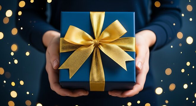 A person holding a beautifully wrapped blue gift box with a large golden bow